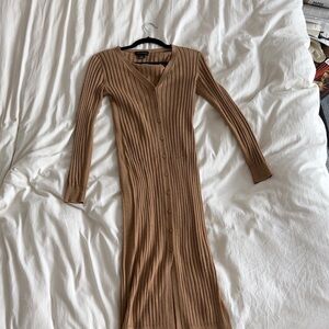 Cotton Club Monaco Ribbed Button-Front Brown Knit Dress